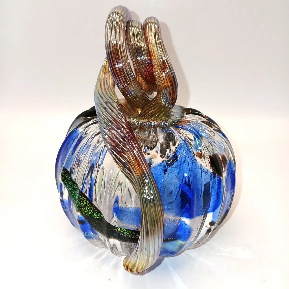 Studio Art Glass Signed Hand Blown  Pumpkin Sculpture Blue Black & Gold 5 in